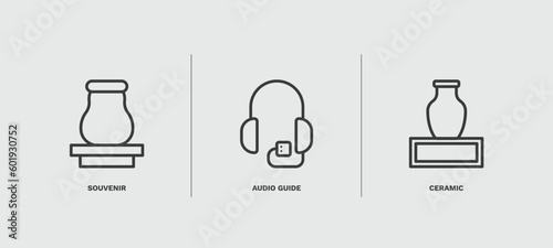 set of museum and exhibition thin line icons. museum and exhibition outline icons included souvenir, audio guide, ceramic vector.