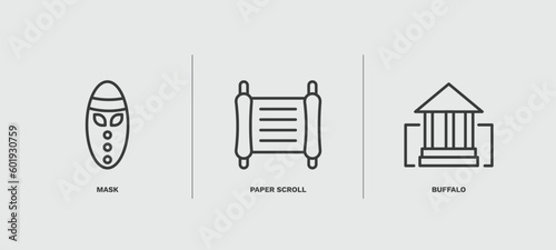 set of museum and exhibition thin line icons. museum and exhibition outline icons included mask, paper scroll, buffalo vector.