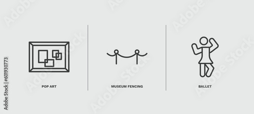 set of museum and exhibition thin line icons. museum and exhibition outline icons included pop art, museum fencing, ballet vector.