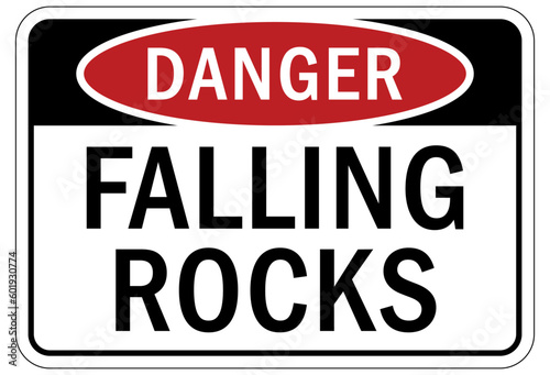 Falling rock warning sign and labels