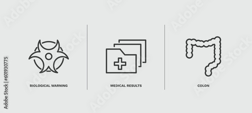 set of medical and healthcare thin line icons. medical and healthcare outline icons included biological warning, medical results folders, colon vector.