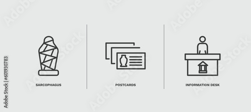 set of museum and exhibition thin line icons. museum and exhibition outline icons included sarcophagus, postcards, information desk vector.