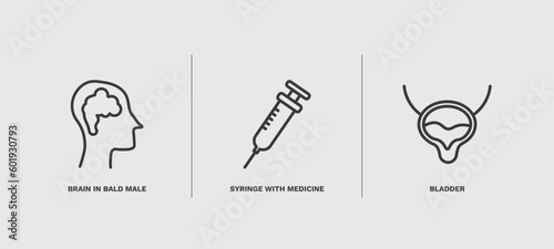 set of medical and healthcare thin line icons. medical and healthcare outline icons included brain in bald male head, syringe with medicine, bladder vector.