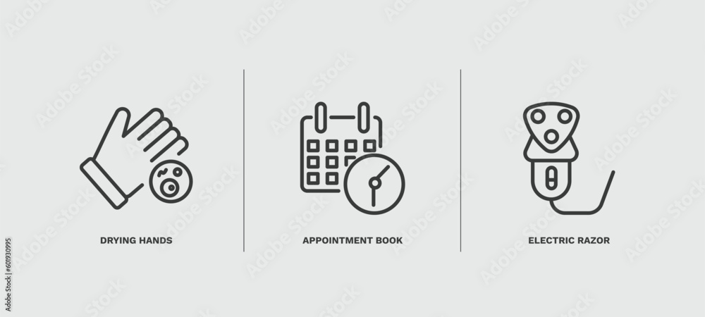 set of hygiene and sanitation thin line icons. hygiene and sanitation outline icons included drying hands, appointment book, electric razor vector. - obrazy, fototapety, plakaty 