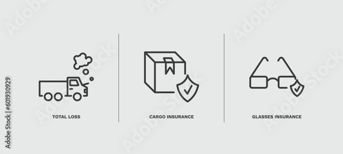 set of insurance and coverage thin line icons. insurance and coverage outline icons included total loss, cargo insurance, glasses vector.