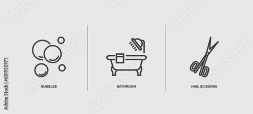 set of hygiene and sanitation thin line icons. hygiene and sanitation outline icons included bubbles, bathroom, nail scissors vector.