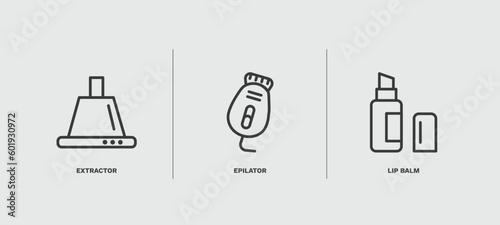 set of hygiene and sanitation thin line icons. hygiene and sanitation outline icons included extractor, epilator, lip balm vector.