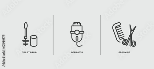set of hygiene and sanitation thin line icons. hygiene and sanitation outline icons included toilet brush, depilator, grooming vector.