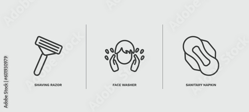 set of hygiene and sanitation thin line icons. hygiene and sanitation outline icons included shaving razor, face washer, sanitary napkin vector.
