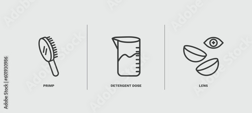 set of hygiene and sanitation thin line icons. hygiene and sanitation outline icons included primp, detergent dose, lens vector.