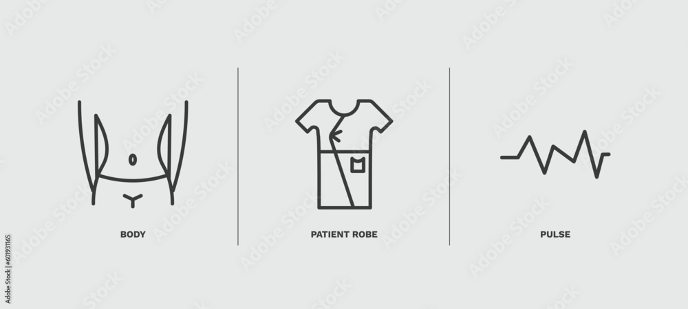 set of health and medical thin line icons. health and medical outline icons included body, patient robe, pulse vector.