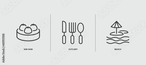 set of hotel and restaurant thin line icons. hotel and restaurant outline icons included dim sum, cutlery, beach vector.