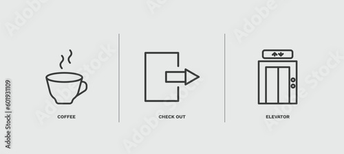 set of hotel and restaurant thin line icons. hotel and restaurant outline icons included coffee, check out, elevator vector.