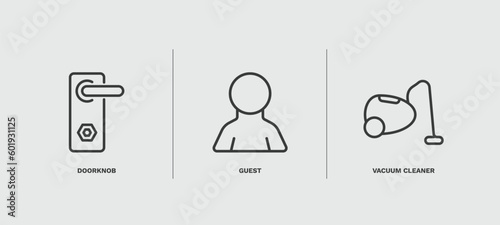 set of hotel and restaurant thin line icons. hotel and restaurant outline icons included doorknob, guest, vacuum cleaner vector.