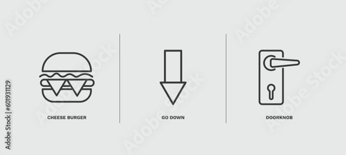 set of hotel and restaurant thin line icons. hotel and restaurant outline icons included cheese burger, go down, doorknob vector.