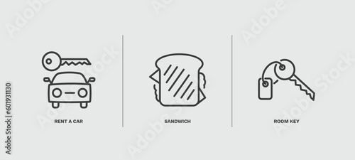 set of hotel and restaurant thin line icons. hotel and restaurant outline icons included rent a car, sandwich, room key vector.