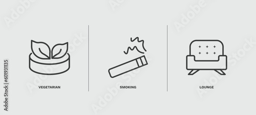 set of hotel and restaurant thin line icons. hotel and restaurant outline icons included vegetarian, smoking, lounge vector.
