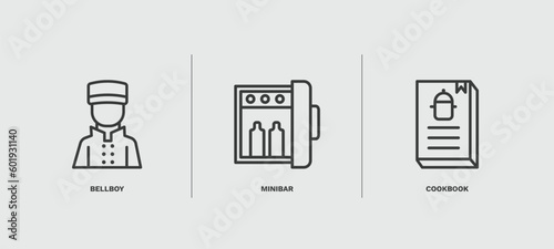 set of hotel and restaurant thin line icons. hotel and restaurant outline icons included bellboy, minibar, cookbook vector.
