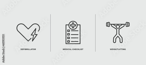 set of health and medical thin line icons. health and medical outline icons included defibrillator, medical checklist, weightlifting vector.