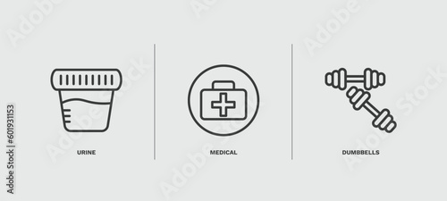 set of health and medical thin line icons. health and medical outline icons included urine, medical, dumbbells vector.