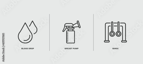 set of health and medical thin line icons. health and medical outline icons included blood drop, breast pump, rings vector.