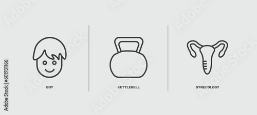 set of health and medical thin line icons. health and medical outline icons included boy, kettlebell, gynecology vector.