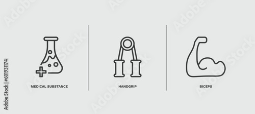 set of health and medical thin line icons. health and medical outline icons included medical substance, handgrip, biceps vector.