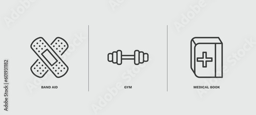 set of health and medical thin line icons. health and medical outline icons included band aid, gym, medical book vector.