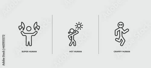 set of feeling and reaction thin line icons. feeling and reaction outline icons included super human, hot human, crappy human vector.