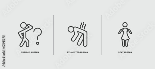 set of feeling and reaction thin line icons. feeling and reaction outline icons included curious human, exhausted human, sexy human vector.