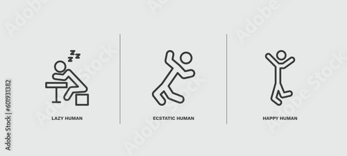 set of feeling and reaction thin line icons. feeling and reaction outline icons included lazy human, ecstatic human, happy human vector.