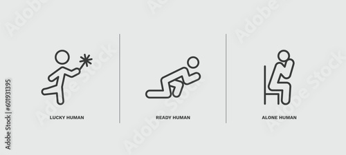 set of feeling and reaction thin line icons. feeling and reaction outline icons included lucky human, ready human, alone human vector. photo