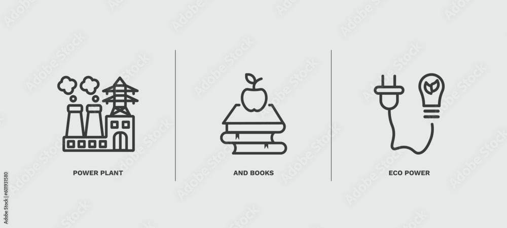 set of ecology thin line icons. ecology outline icons included power plant, and books, eco power vector.
