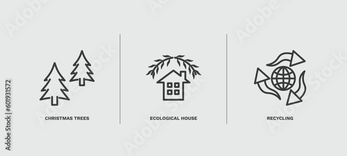 set of ecology thin line icons. ecology outline icons included christmas trees  ecological house  recycling vector.