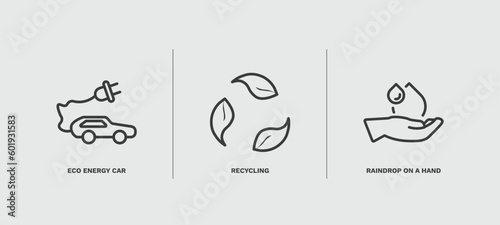 set of ecology thin line icons. ecology outline icons included eco energy car  recycling  raindrop on a hand vector.