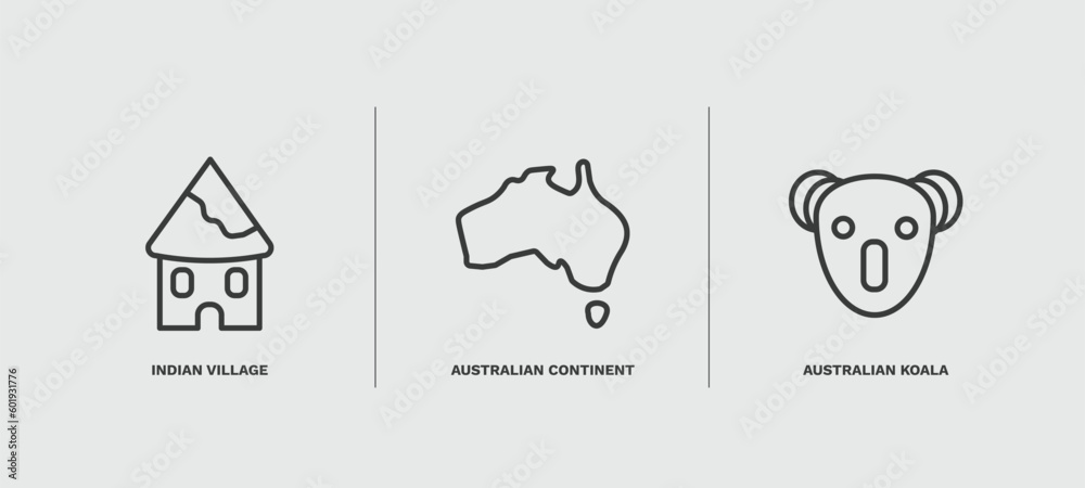 set of culture and civilization thin line icons. culture and civilization outline icons included indian village, australian continent, australian koala vector.