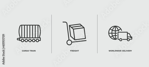 set of delivery and logistics thin line icons. delivery and logistics outline icons included cargo train, freight, worldwide delivery vector.