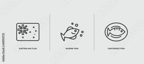 set of culture and civilization thin line icons. culture and civilization outline icons included australian flag, marine fish, cantonese fish vector.