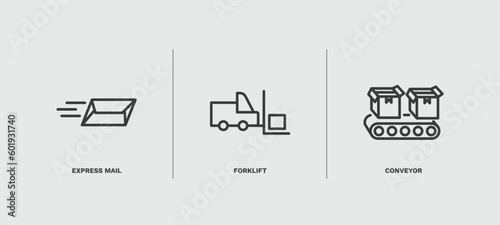 set of delivery and logistics thin line icons. delivery and logistics outline icons included express mail, forklift, conveyor vector.
