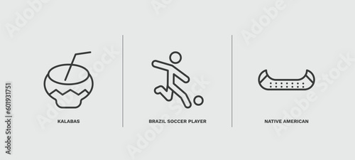 set of culture and civilization thin line icons. culture and civilization outline icons included kalabas, brazil soccer player, native american canoe vector.