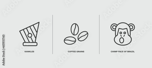 set of culture and civilization thin line icons. culture and civilization outline icons included kankles, coffee grains, chimp face of brazil vector.