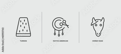 set of culture and civilization thin line icons. culture and civilization outline icons included turron, native american drum, horse head vector.