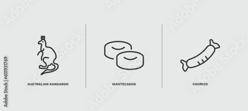 set of culture and civilization thin line icons. culture and civilization outline icons included australian kangaroo, mantecados, chorizo vector.