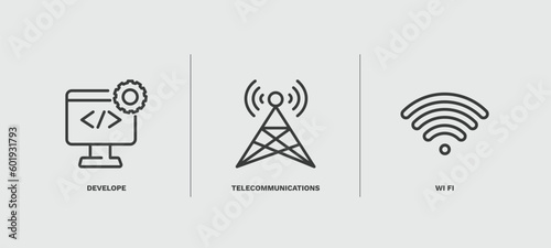 set of computer and tech thin line icons. computer and tech outline icons included develope, telecommunications, wi fi vector.