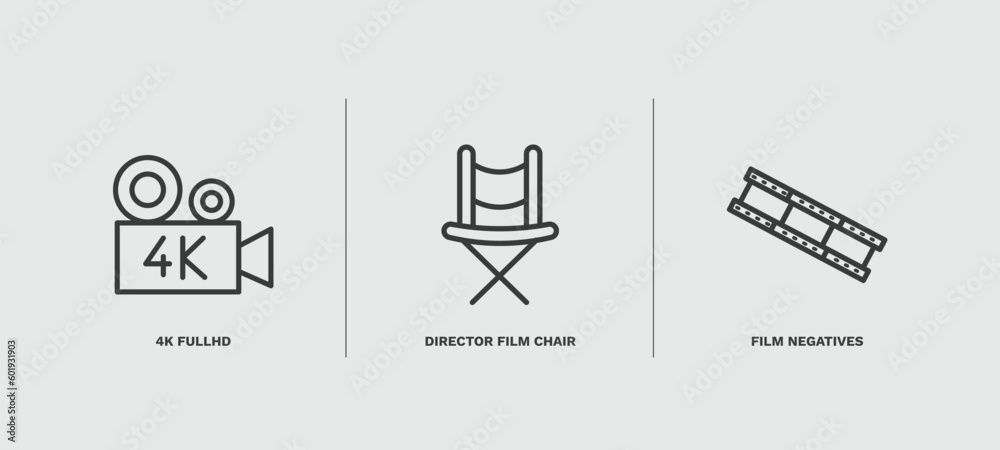 set of cinema and theater thin line icons. cinema and theater outline icons included 4k fullhd, director film chair, film negatives vector. set of cinema and theater thin line icons. cinema and theater outline icons included 4k fullhd, director film chair, film negatives vector.