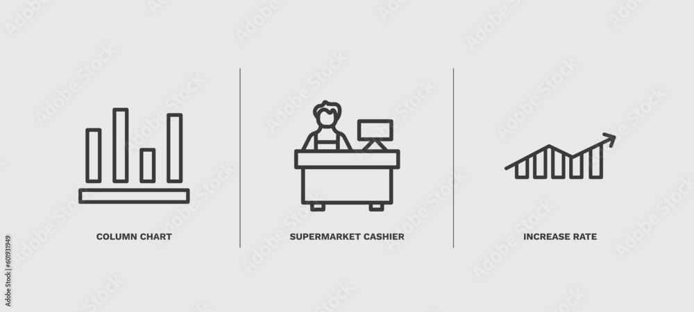 set of business and finance thin line icons. business and finance outline icons included column chart, supermarket cashier, increase rate vector. set of business and finance thin line icons. business and finance outline icons included column chart, supermarket cashier, increase rate vector.