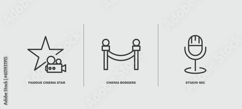 set of cinema and theater thin line icons. cinema and theater outline icons included famous cinema star, borders, studio mic vector.