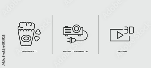 set of cinema and theater thin line icons. cinema and theater outline icons included popcorn box, projector with plug, 3d video vector.