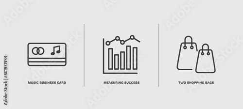 set of business and finance thin line icons. business and finance outline icons included music business card, measuring success, two shopping bags vector.