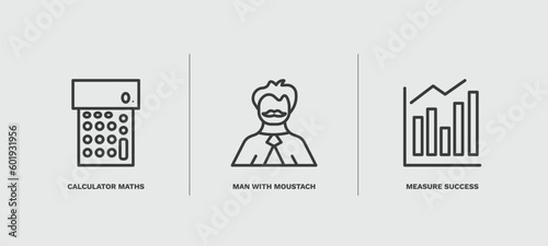 set of business and finance thin line icons. business and finance outline icons included calculator maths tool, man with moustach, measure success vector.